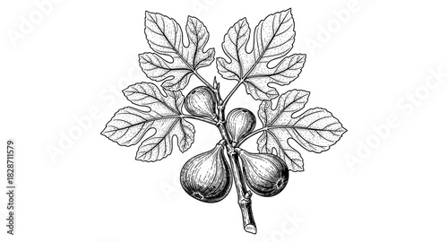 Detailed botanical drawing of figs on branch with leaves