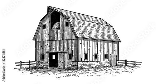 Rustic barn design with detailed line art in vintage rural scene