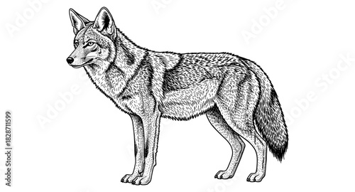 Detailed hand drawn coyote side view in black and white ink style