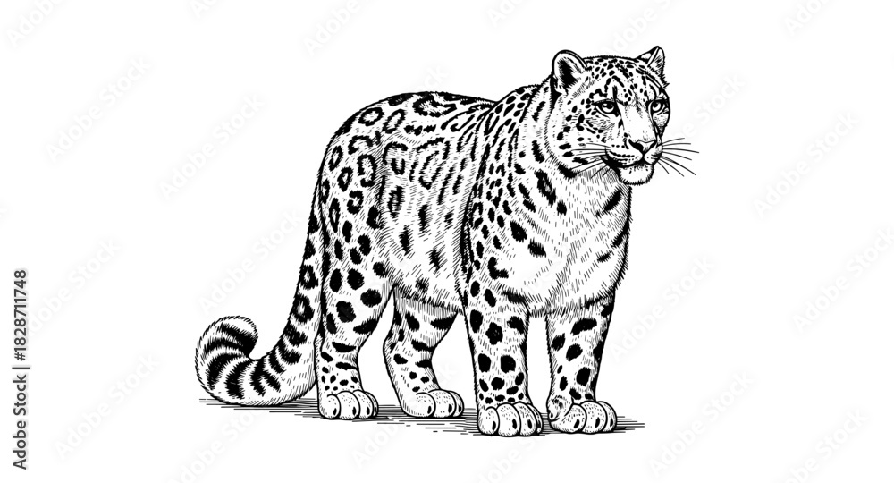 Fototapeta premium Detailed black and white snow leopard drawing with intricate fur patterns