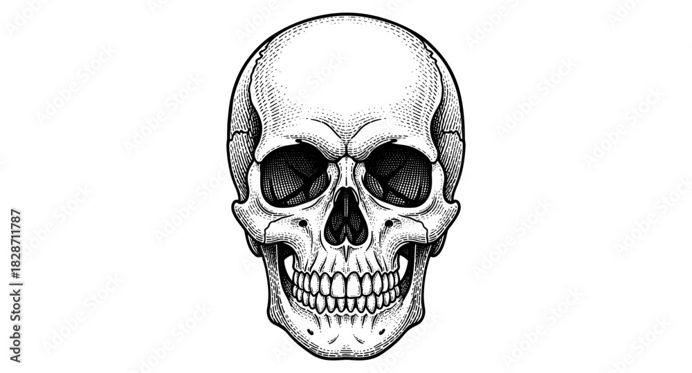 Obraz premium Intricate black and white skull art with detailed lines