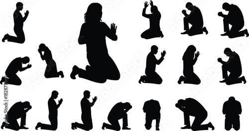 A comprehensive silhouette collection of people kneeling in prayer, worship, devotion, or distress, showcasing various emotional poses for themes like religion, spirituality, hope, 
