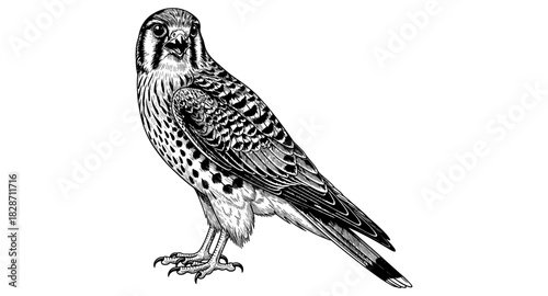 Detailed bird drawing of a kestrel in black and white on white background
