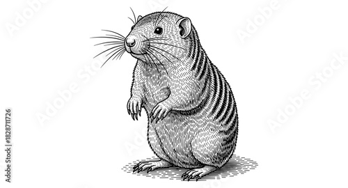Charming hand drawn rodent standing in detailed black and white art