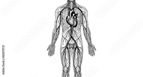 Detailed human anatomy diagram featuring cardiovascular system in monochrome style