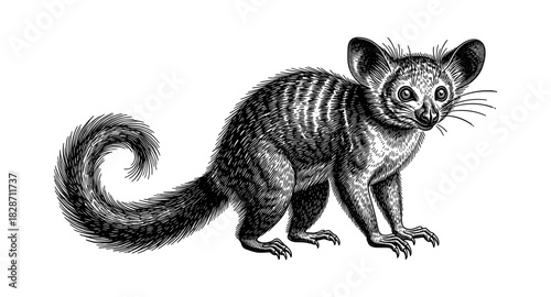 Detailed hand drawn lemur with bushy tail in black and white