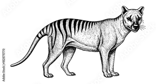Detailed black and white illustration of the tasmanian tiger thylacine