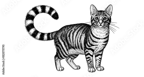 Intricate black and white tabby cat design in detailed line art style