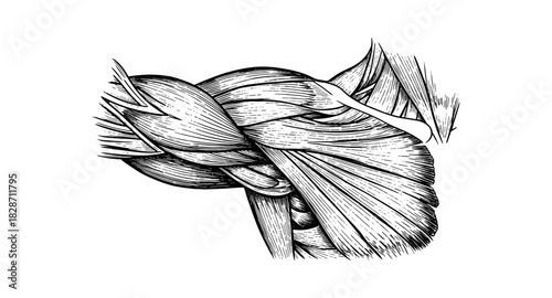 Detailed anatomical drawing of human shoulder muscles in black and white