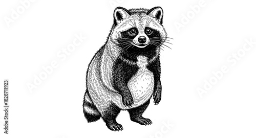 Charming black and white engraved raccoon art on white