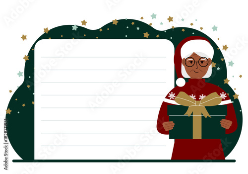 A woman in a red sweater is holding a large gift box with a bow. New Year or Christmas.