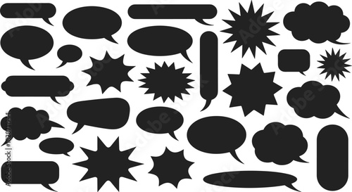 Black speech bubbles and burst shapes, comic style dialogue balloons, conversation bubbles vector, starburst speech icons, communication symbols design