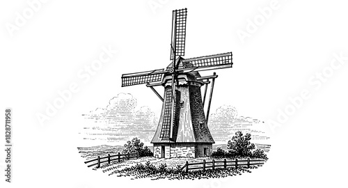 Traditional windmill in vintage engraving style with scenic countryside background