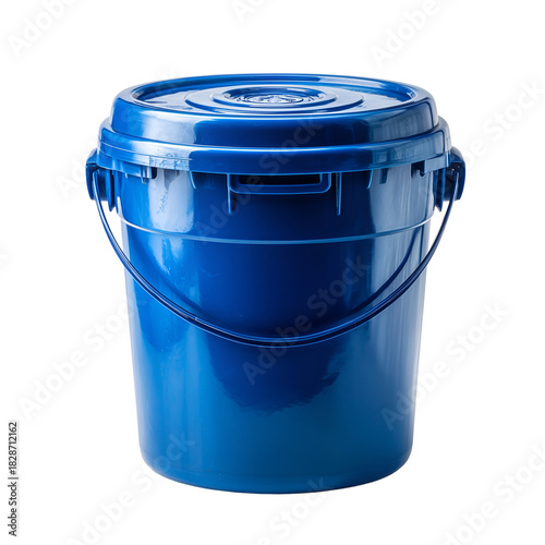 Blue plastic bucket with a lid and handle, versatile for storage, cleaning, and various tasks, isolated on transparent background