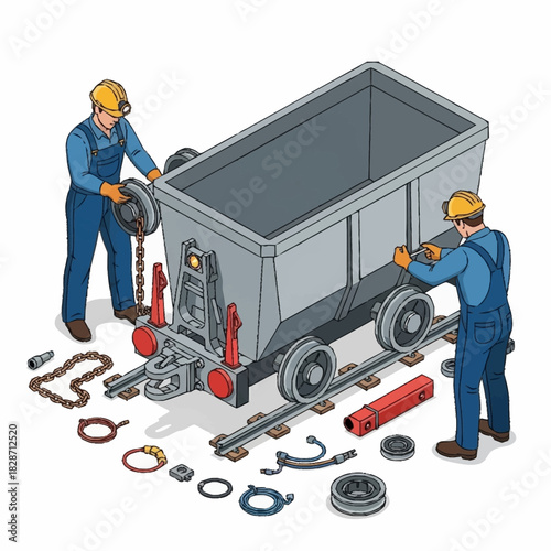 Miners assembling a mine cart on tracks with various parts.