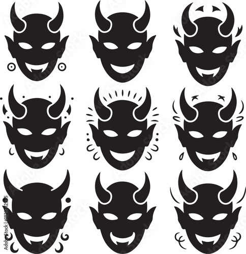 Black and White Devil Faces Vector Icons for Halloween Design