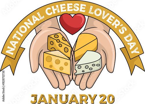 Hands holding cheese slices with National Cheese Lovers Day text wedges