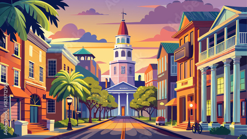 Very beautiful historic cityscape of downtown Charleston, South Carolina, featuring charming colonial-style buildings, tree-lined streets, and soft atmospheric lighting, captured in a clean, non-speci