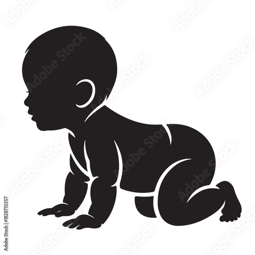Silhouette of a baby crawling isolated on white background, capturing the innocence and exploration of early childhood