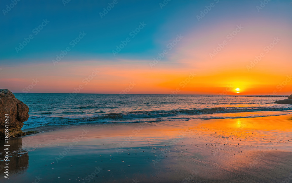 Obraz premium Vibrant sunset over the ocean with colorful sky and gentle waves on the beach