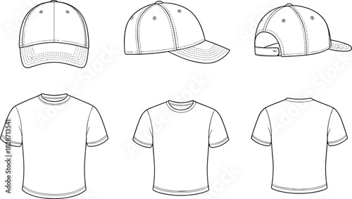Blank t-shirt and cap vector template, front back side views, outline clothing mockup, fashion apparel design, unisex casual wear