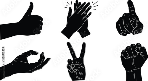 A black silhouette collection of various hand gestures including thumbs up, clapping, pointing, holding, peace sign, and a fist, symbolizing communication, success, agreement, victory, supp