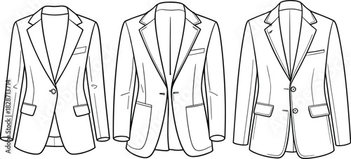 Blazer jacket flat sketch, technical fashion cad drawing, tailored suit coat design, front view vector template, garment outline, style illustration