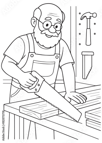 Coloring book Carpenter father sawing a wooden plank in the workshop