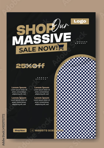 Shop our massive sale now with 50 percent off and a model wearing headphones and a plaid shirt