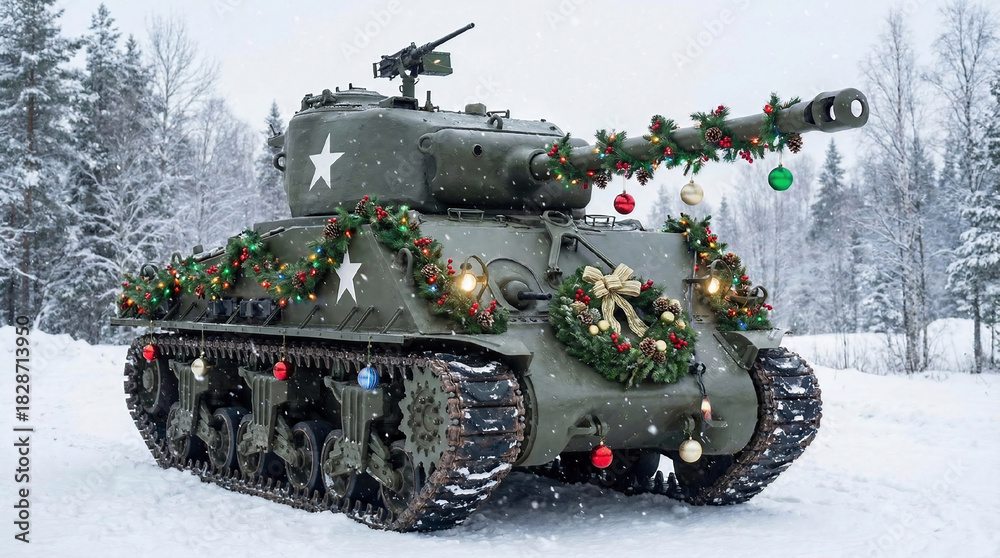 Fototapeta premium Tank decorated with Christmas garland