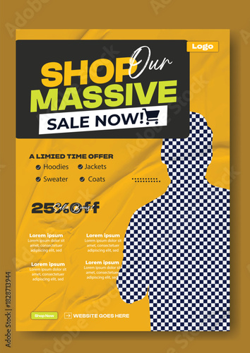 Excited young man in a plaid shirt promoting a massive sale with a vibrant yellow background and bold text announcing shop now