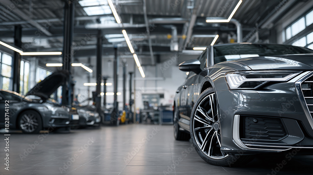 Fototapeta premium Automotive Excellence: Sleek sedan in a modern repair shop, poised for service. Lights accentuate its design, ensuring a premium experience. Precision meets style.