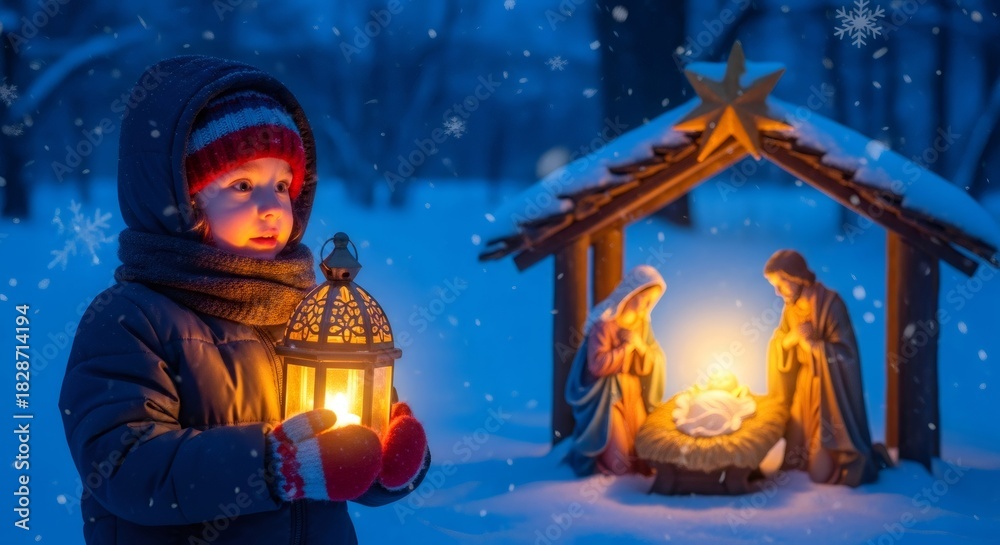 Obraz premium Child with lantern looking at Christmas nativity scene. Holy family figures symbolizing birth of Jesus for Christian Christmas holiday. Biblical scene depiction.