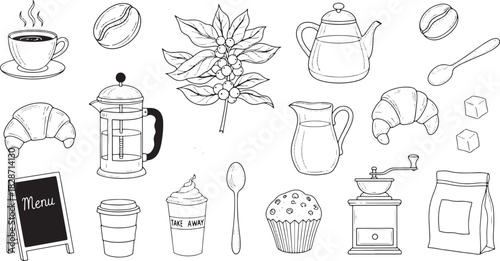 Coffee shop sketch vector illustration with menu and baked goods