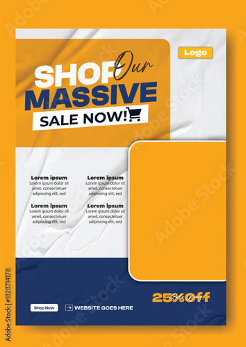 Modern man in stylish blazer promotes massive sale event with bold typography and discount information