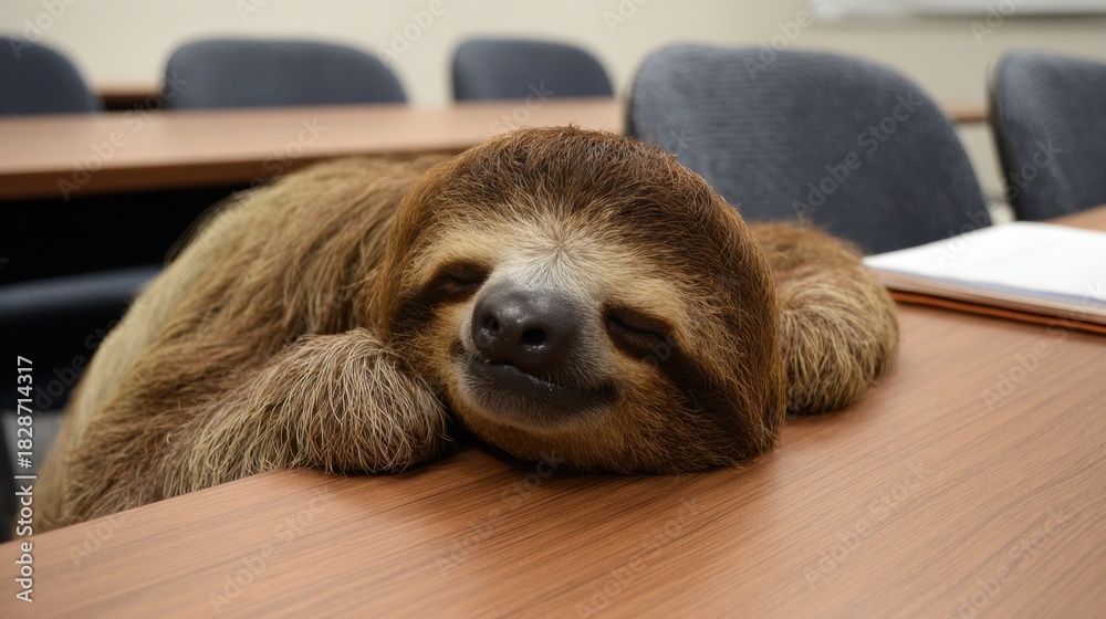 Obraz premium A sloth is comfortably resting on a wooden table in a classroom setting. The peaceful atmosphere suggests a quiet afternoon with no classes happening.