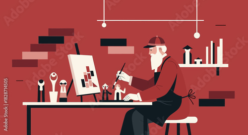 A stylized illustration of an artist at work in a red-toned studio filled with abstract shapes and