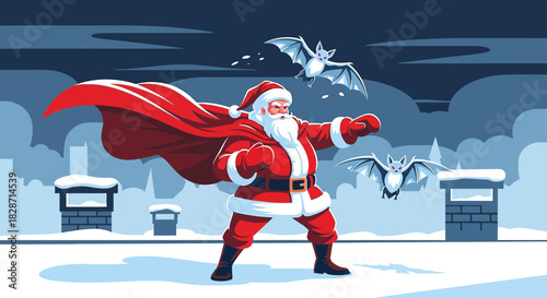 A superhero santa claus with bats flying against winter cityscape in flat design style