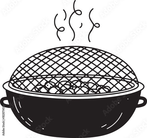 Grill with charcoal barbecue illustration simple black and white design