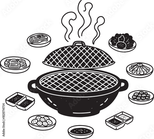 Korean barbecue grill with side dishes vector illustration design