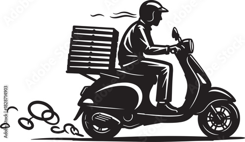 Pizza delivery guy riding scooter with boxes in black and white
