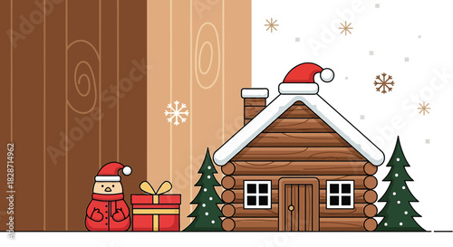 Charming christmas cabin illustration with festive gifts and wintery snowflakes falling softly