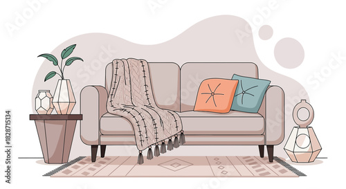 Charming living room interior with sofa, decorative pillows, a tasseled throw, vases and rug