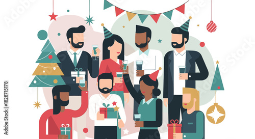 Cheerful colleagues celebrating the holiday season with gifts and raised glasses of refreshment at