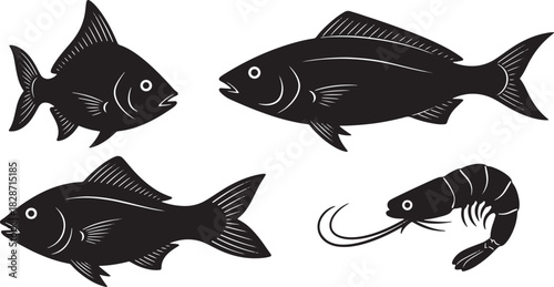 Simple black and white fish shrimp drawing with transparent background