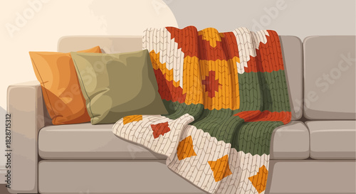 Cozy and Artistic Living Room Couch with Decorative Pillows and Knitted Blanket