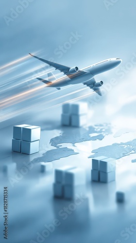 Global Logistics in Motion: A sleek aircraft soaring above a stylized world map, cargo boxes strategically placed, symbolizing the seamless movement of goods across borders.