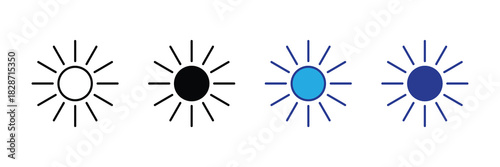 Four sun icon variations: outline, solid black, light blue, and dark blue with rays, isolated on white.