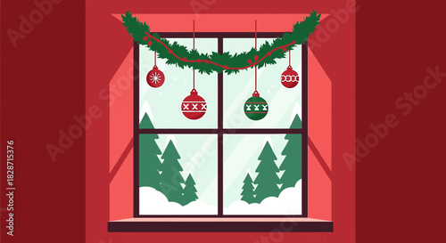 Cozy christmas window view with decorative ornaments and winter landscape illustration