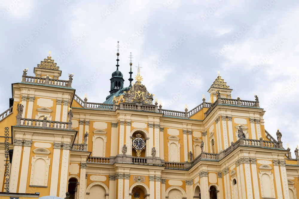 Fototapeta premium Radkow church of Saint Mary ornate facade and clock tower